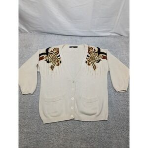 Vtg I.B. Diffusion Chunky Knit Cardigan Large Cream & Gold Embroidered Y2K Retro
